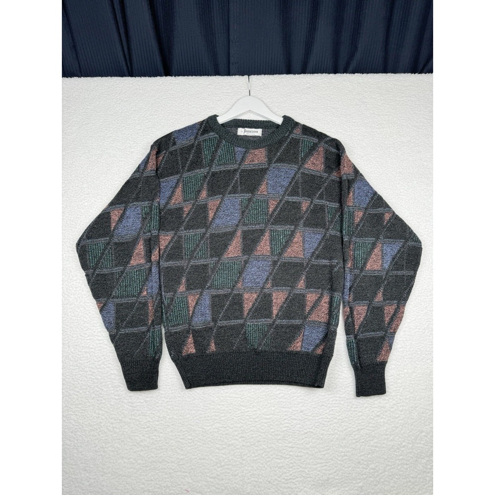Vintage Jantzen Graphic Knit Sweater Gray Acrylic - Men's Medium - 80s 90s